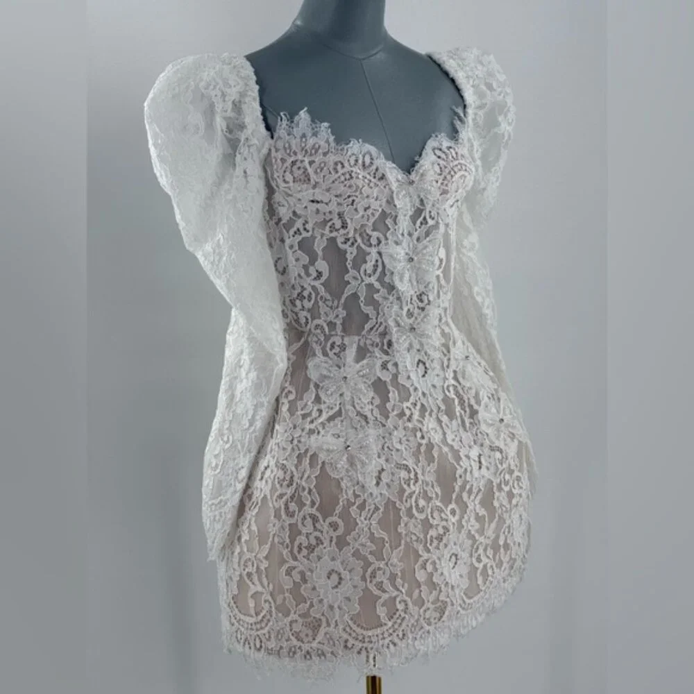 🆕 BRONX & BANCO 🧿 NWOT Colette Lace Long Sleeve Mini Dress, White Sz S / US 4